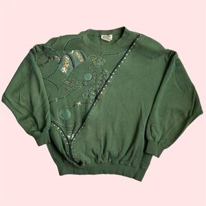 Vintage 90s I.B. Sport Bling Bead Knit Crewneck Green Medium